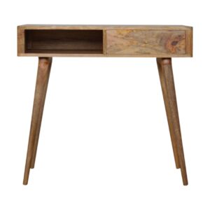 Solid Mango Wood Oak Finished 1 Drawer Leaf Embossed Top Writing Desk