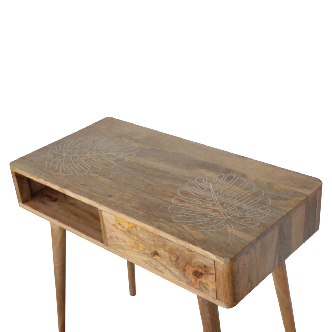 Solid Mango Wood Oak Finished 1 Drawer Leaf Embossed Top Writing Desk - Image 3