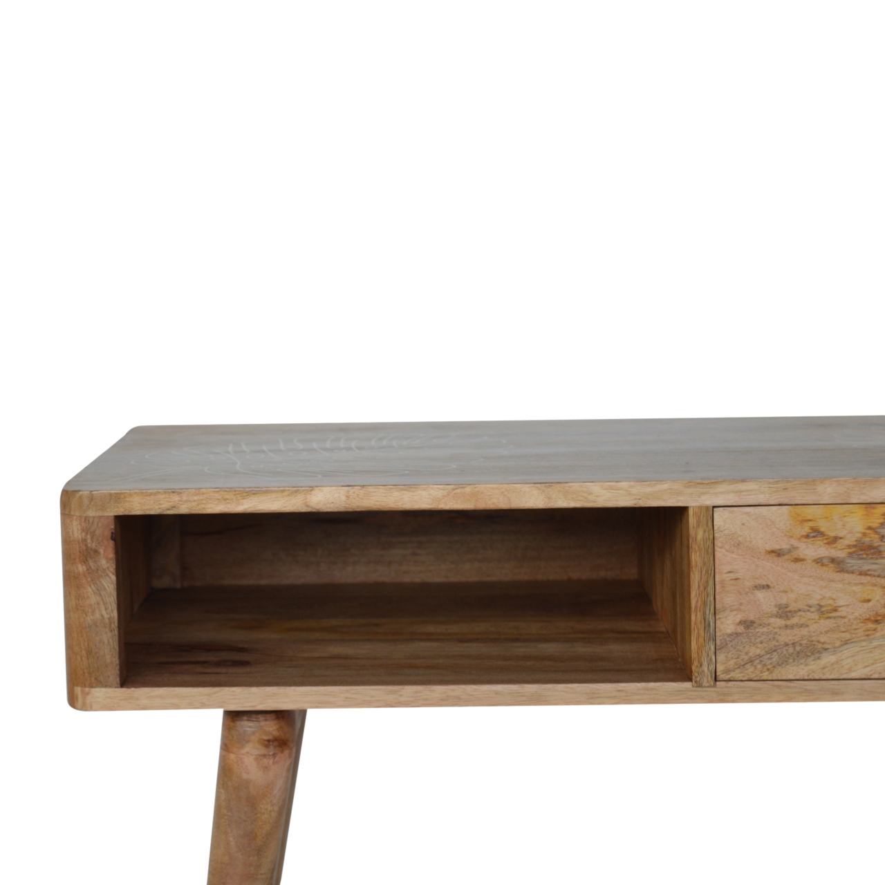 Solid Mango Wood Oak Finished 1 Drawer Leaf Embossed Top Writing Desk - Image 5