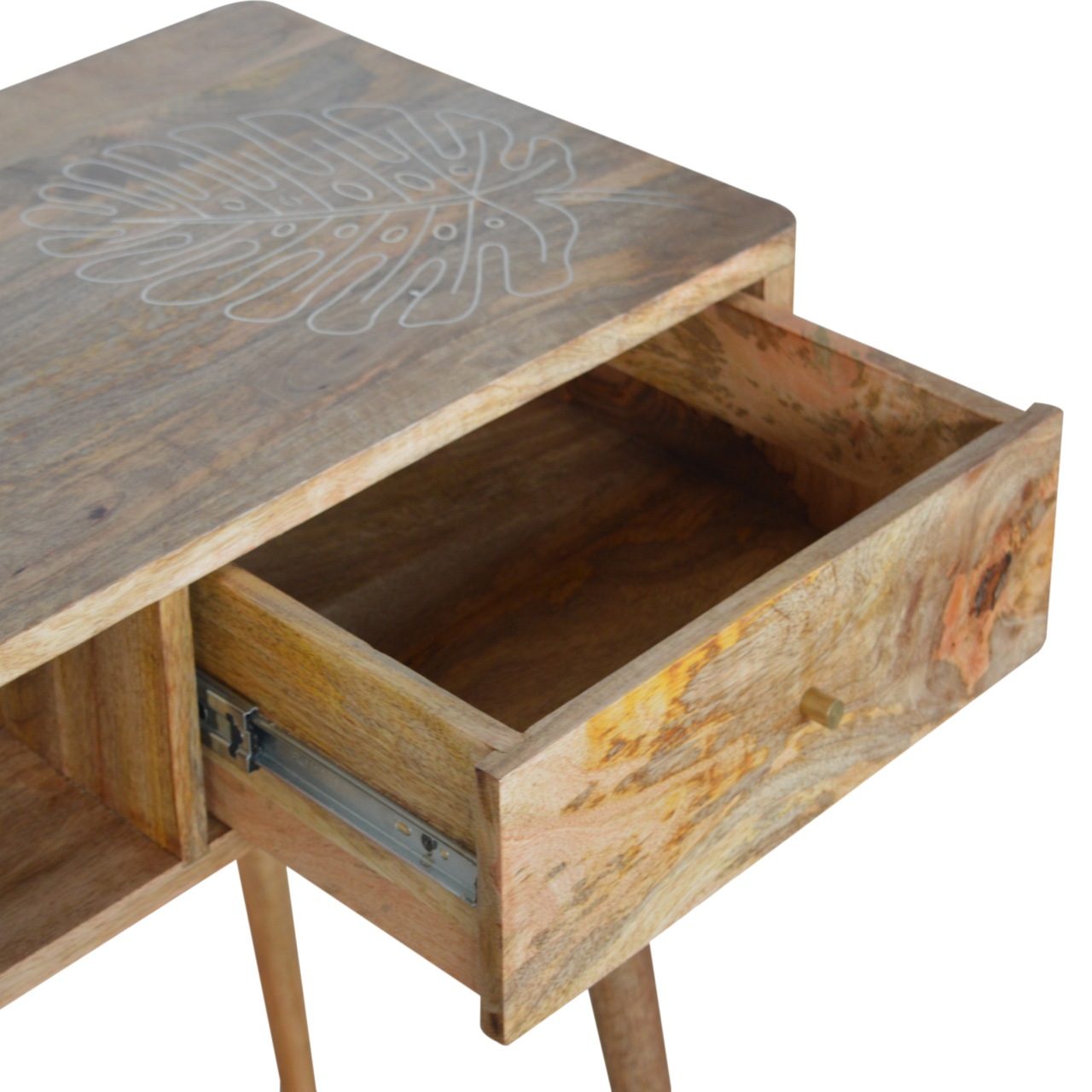 Solid Mango Wood Oak Finished 1 Drawer Leaf Embossed Top Writing Desk - Image 6