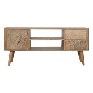 Solid Mango Wood Oak Finish 2 Drawer 1 Door Leaf Resin Entertainment Unit