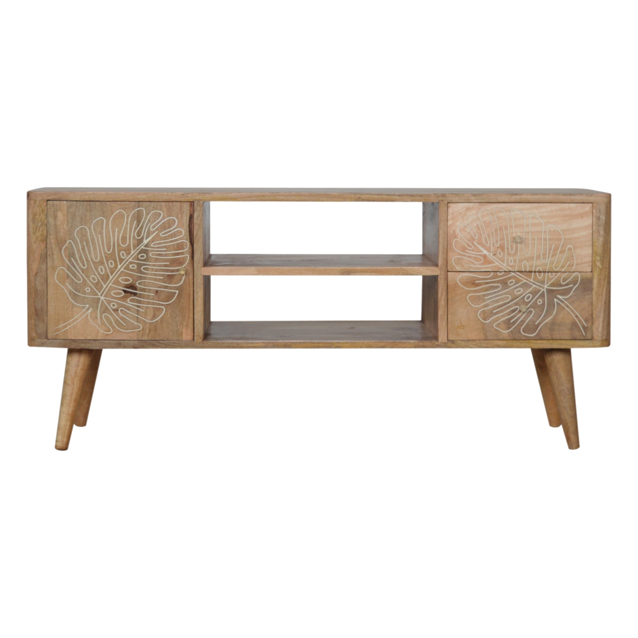 Solid Mango Wood Oak Finish 2 Drawer 1 Door Leaf Resin Entertainment Unit