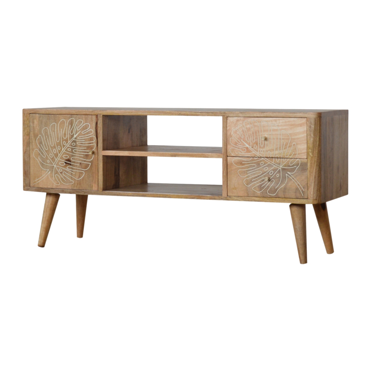 Solid Mango Wood Oak Finish 2 Drawer 1 Door Leaf Resin Entertainment Unit - Image 2