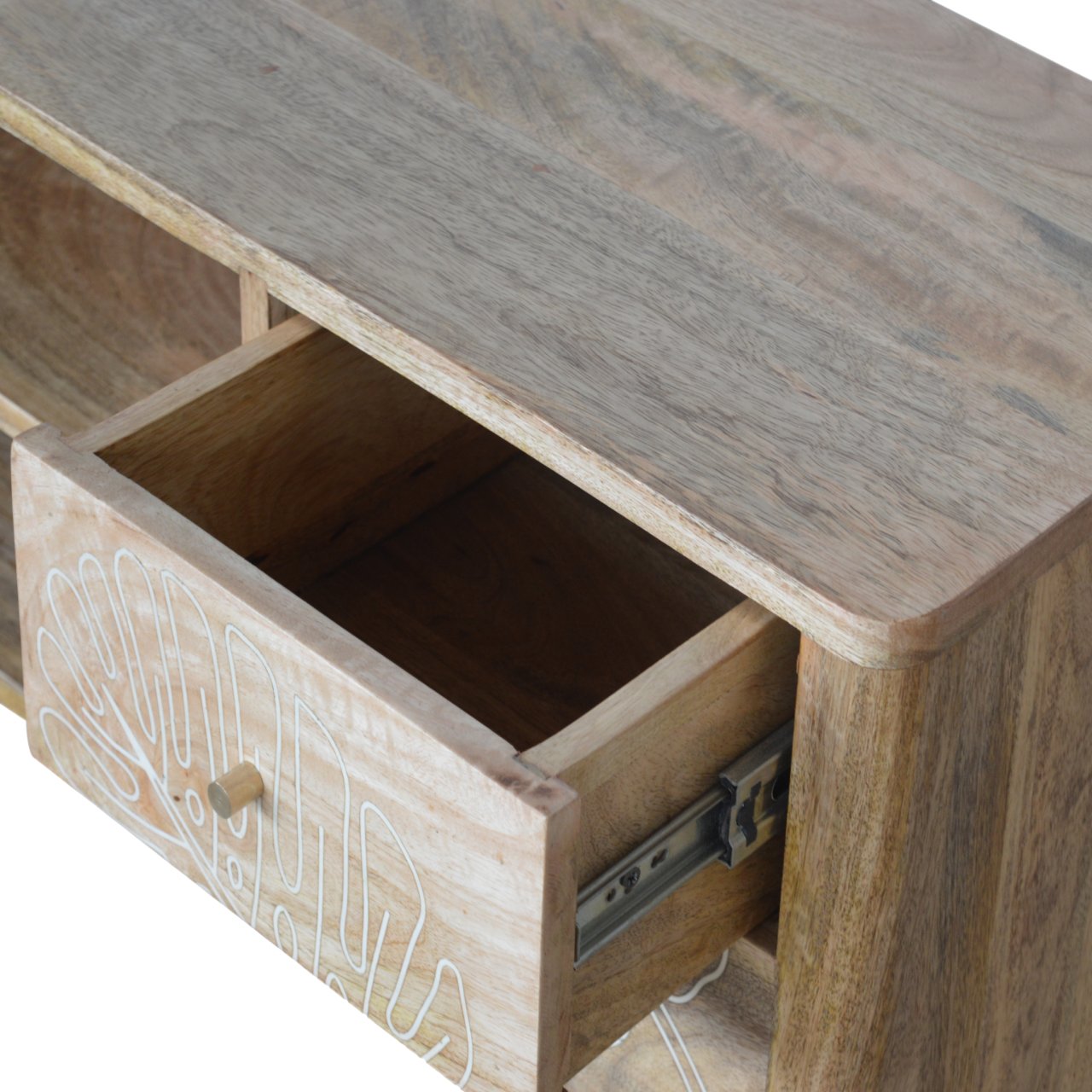 Solid Mango Wood Oak Finish 2 Drawer 1 Door Leaf Resin Entertainment Unit - Image 5