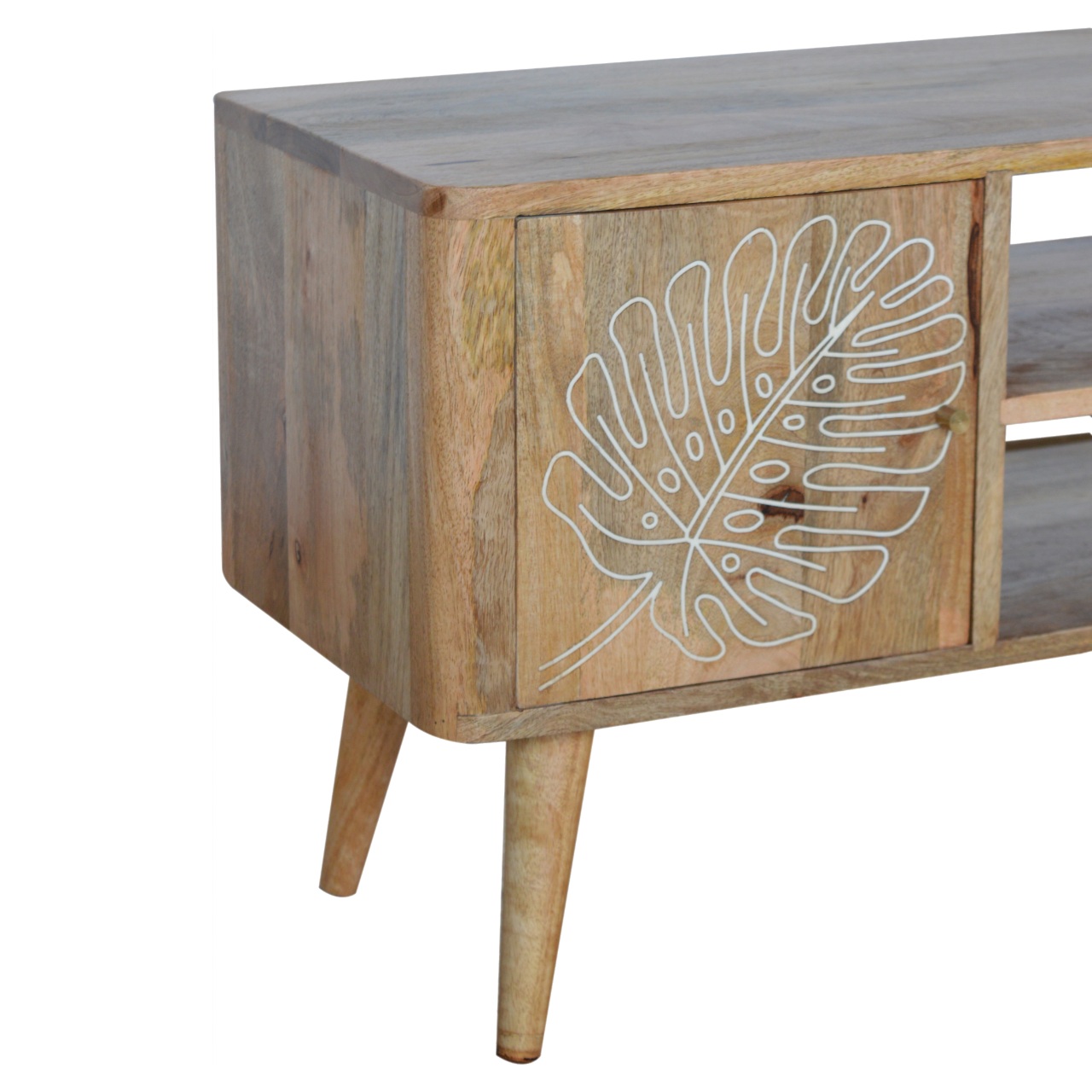 Solid Mango Wood Oak Finish 2 Drawer 1 Door Leaf Resin Entertainment Unit - Image 6