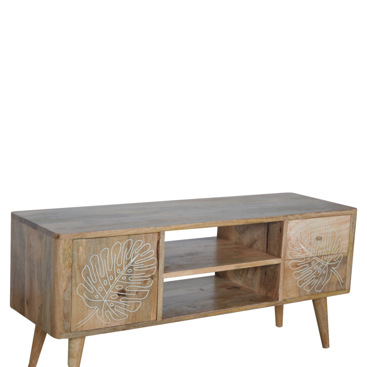 Solid Mango Wood Oak Finish 2 Drawer 1 Door Leaf Resin Entertainment Unit - Image 7