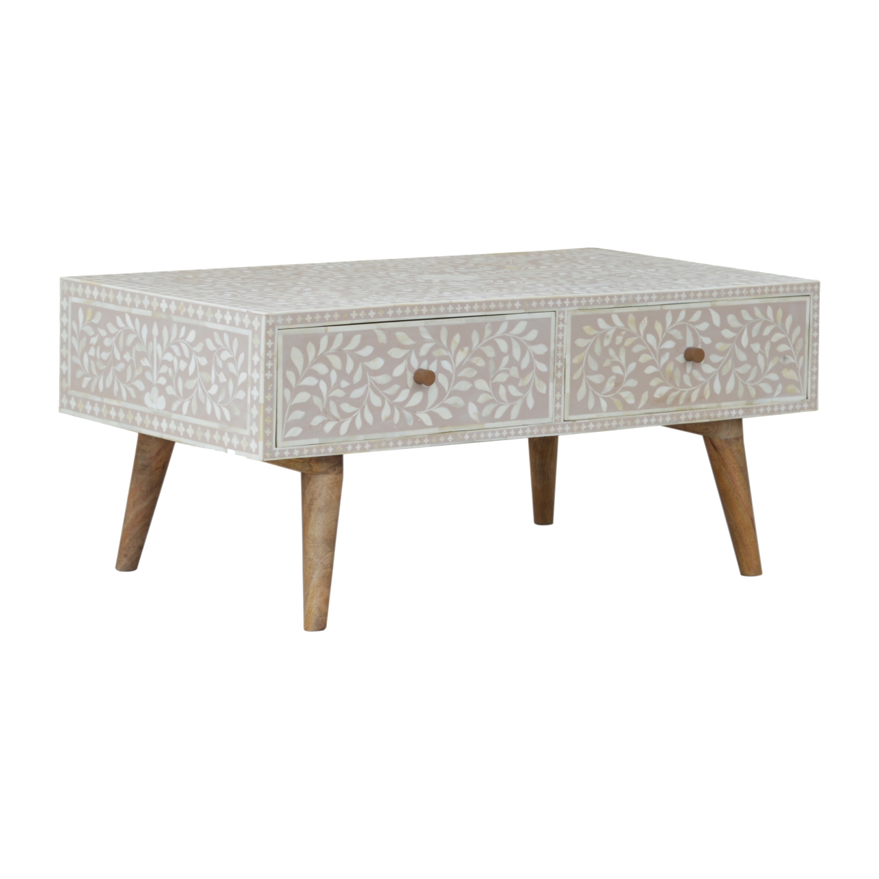 Solid Mango Wood Oak Finished 4 Drawer Hand Painted Taupe Floral Bone Coffee Table - Image 2