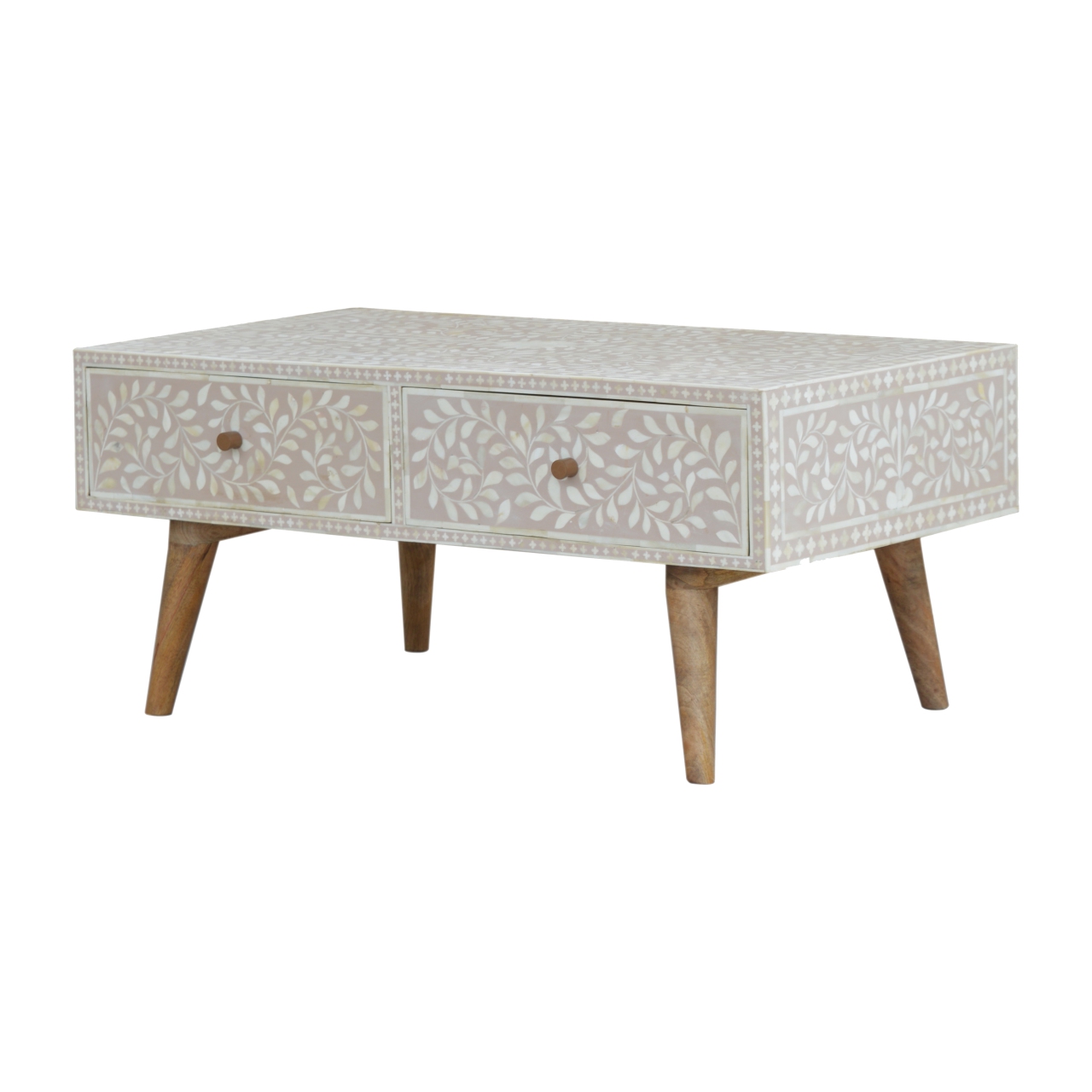 Solid Mango Wood Oak Finished 4 Drawer Hand Painted Taupe Floral Bone Coffee Table - Image 3