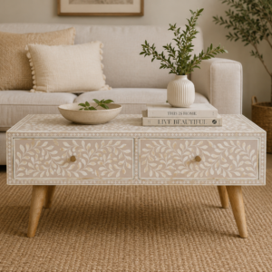 Solid Mango Wood Oak Finished 4 Drawer Hand Painted Taupe Floral Bone Coffee Table