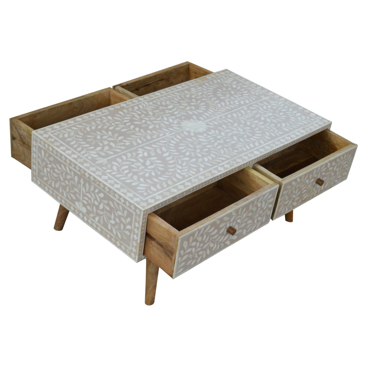 Solid Mango Wood Oak Finished 4 Drawer Hand Painted Taupe Floral Bone Coffee Table - Image 4