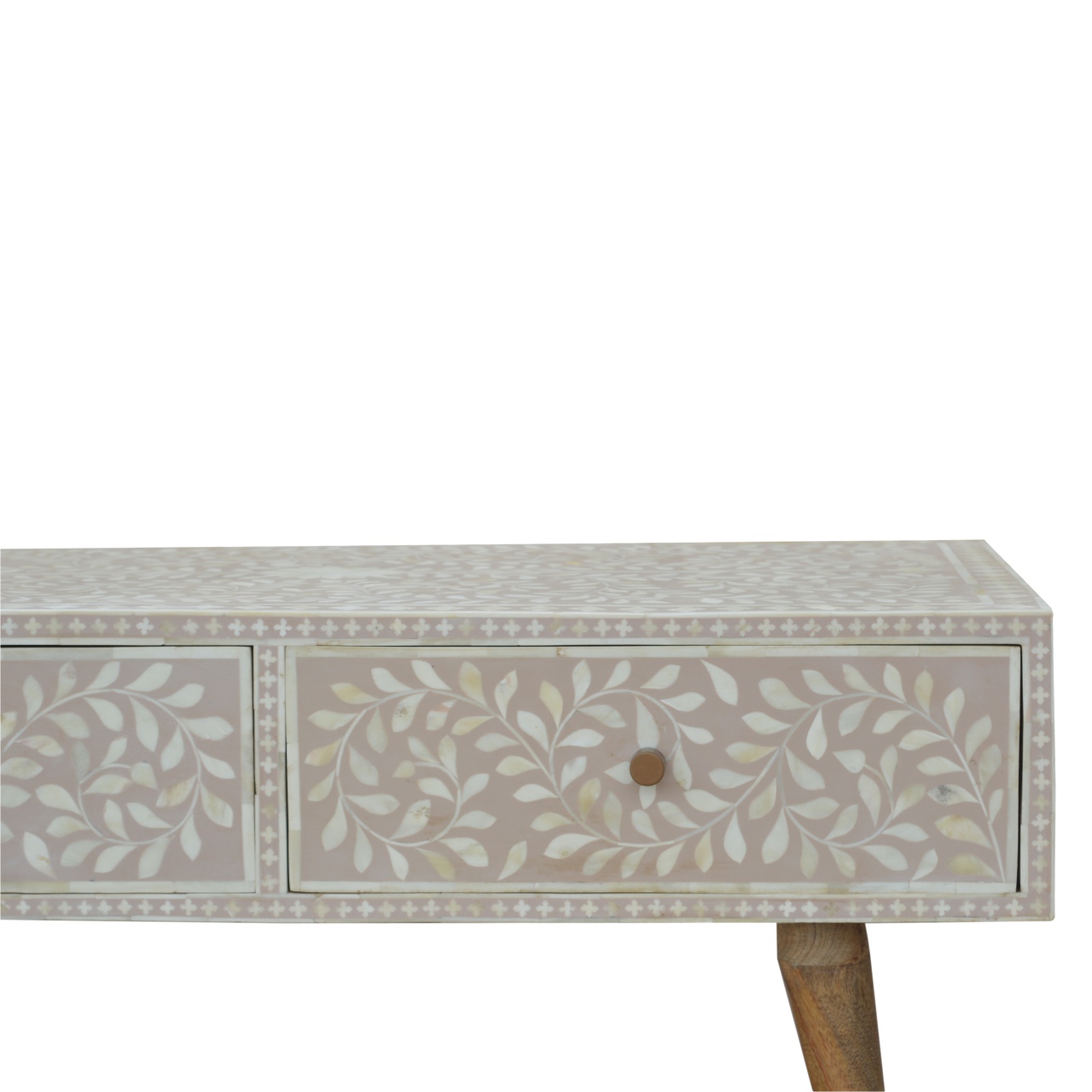 Solid Mango Wood Oak Finished 4 Drawer Hand Painted Taupe Floral Bone Coffee Table - Image 5
