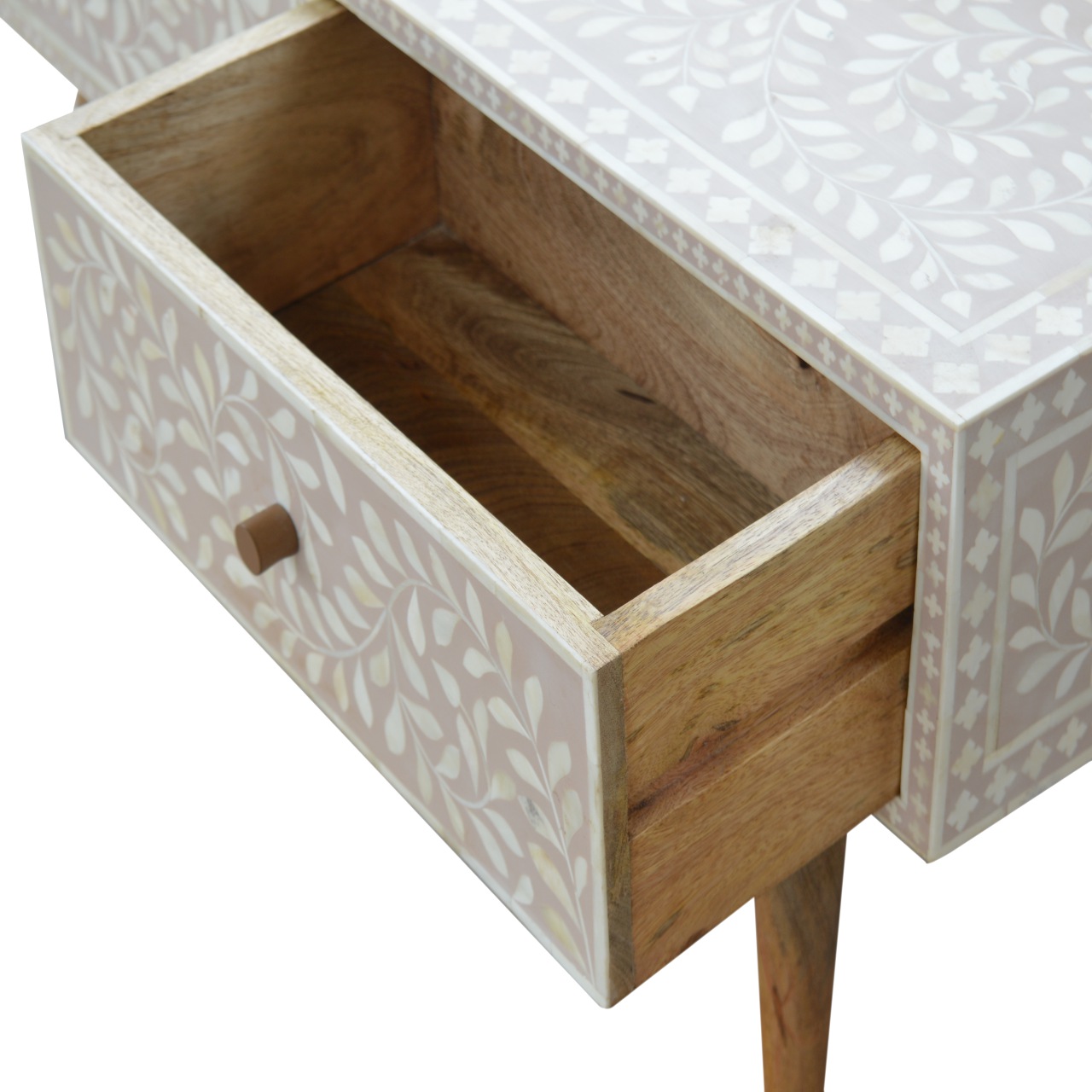 Solid Mango Wood Oak Finished 4 Drawer Hand Painted Taupe Floral Bone Coffee Table - Image 7
