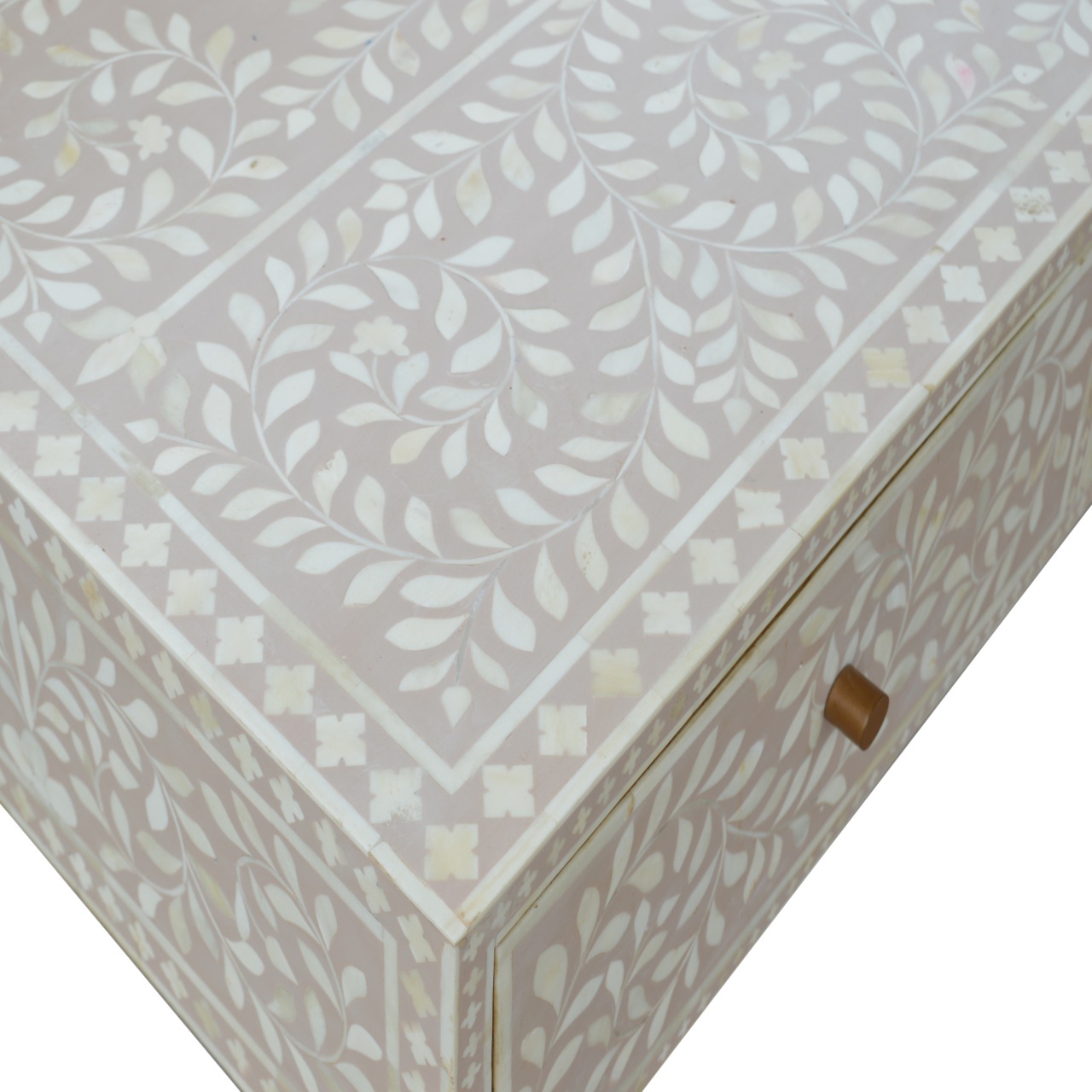 Solid Mango Wood Oak Finished 4 Drawer Hand Painted Taupe Floral Bone Coffee Table - Image 8
