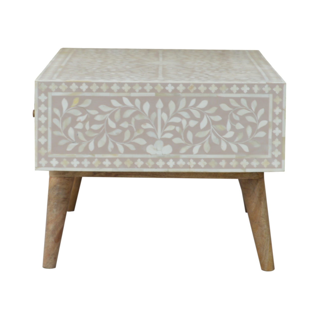 Solid Mango Wood Oak Finished 4 Drawer Hand Painted Taupe Floral Bone Coffee Table - Image 9