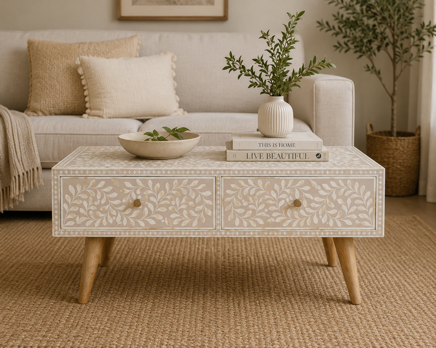 Solid Mango Wood Oak Finished 4 Drawer Hand Painted Taupe Floral Bone Coffee Table