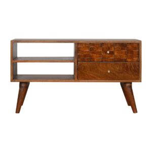 Solid Mango Wood Tile Chestnut Finished 2 Drawer 2 Slot Carved TV Unit