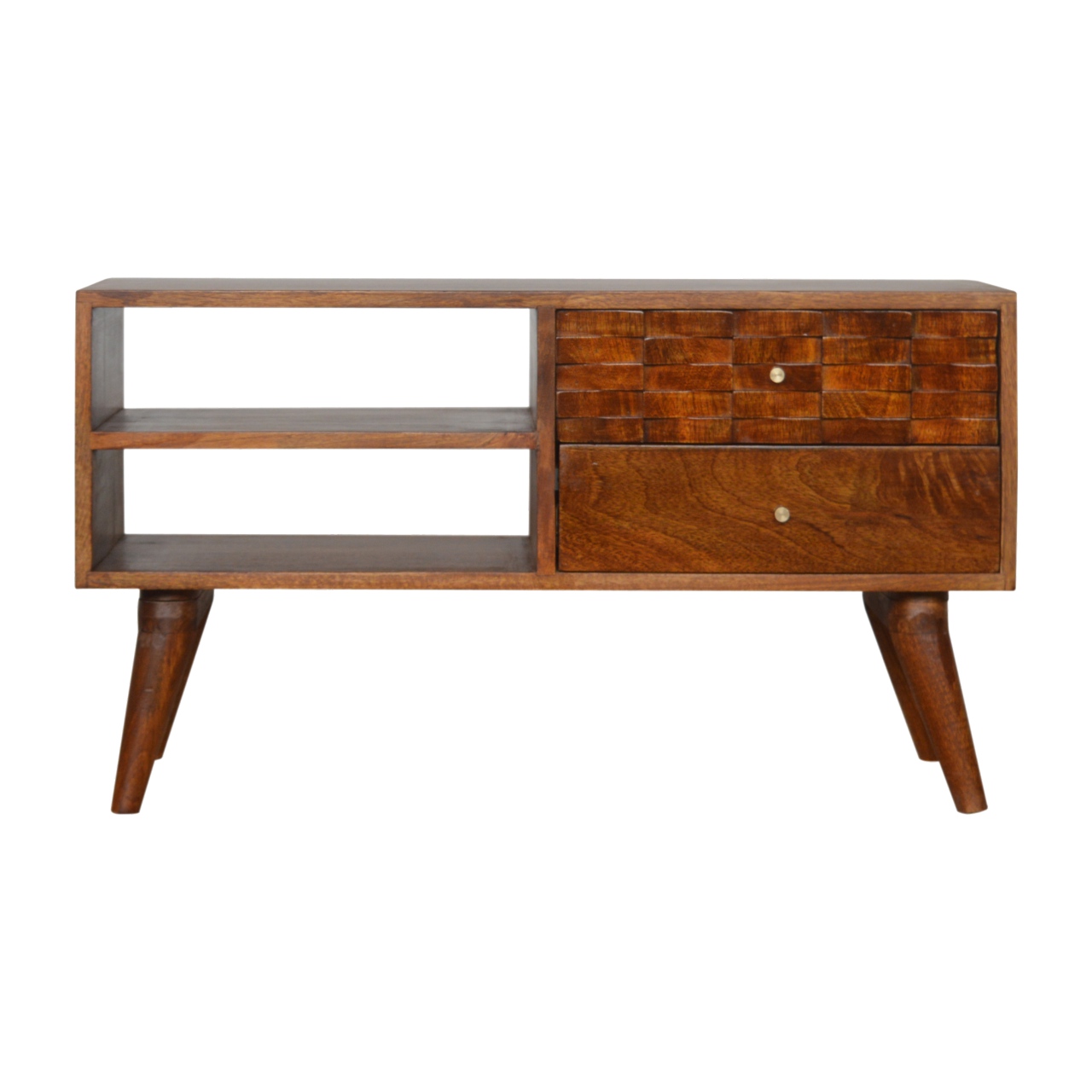 Solid Mango Wood Tile Chestnut Finished 2 Drawer 2 Slot Carved TV Unit