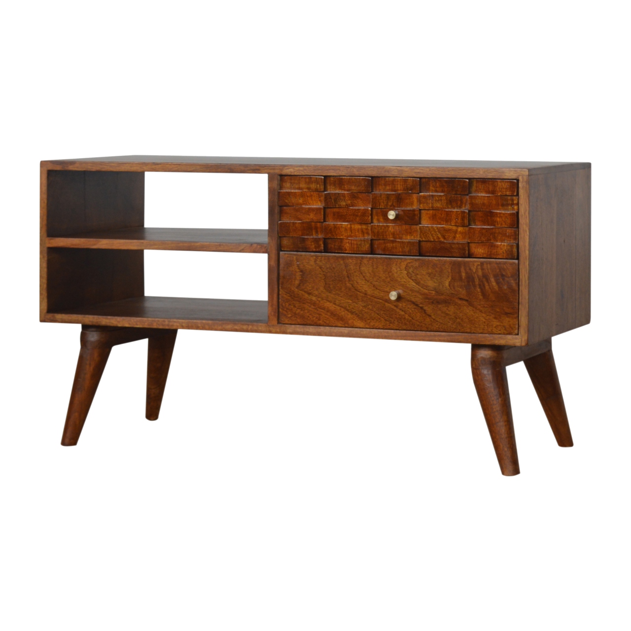 Solid Mango Wood Tile Chestnut Finished 2 Drawer 2 Slot Carved TV Unit - Image 2