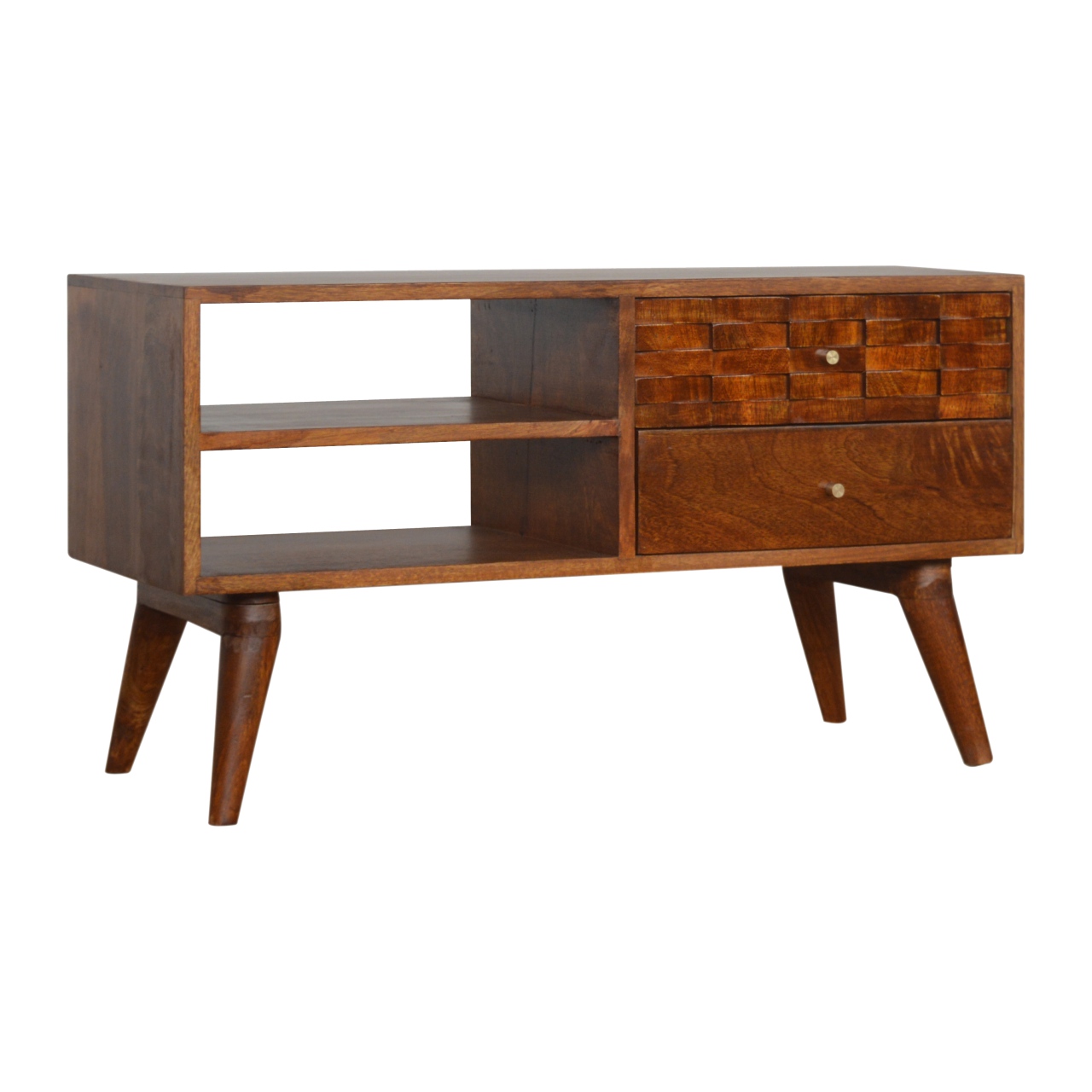 Solid Mango Wood Tile Chestnut Finished 2 Drawer 2 Slot Carved TV Unit - Image 3