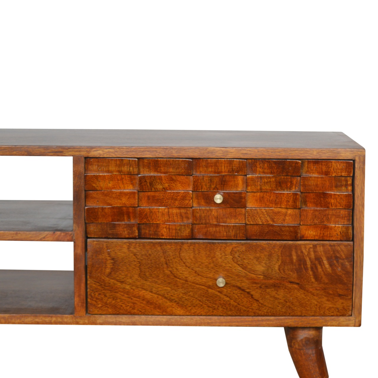 Solid Mango Wood Tile Chestnut Finished 2 Drawer 2 Slot Carved TV Unit - Image 4
