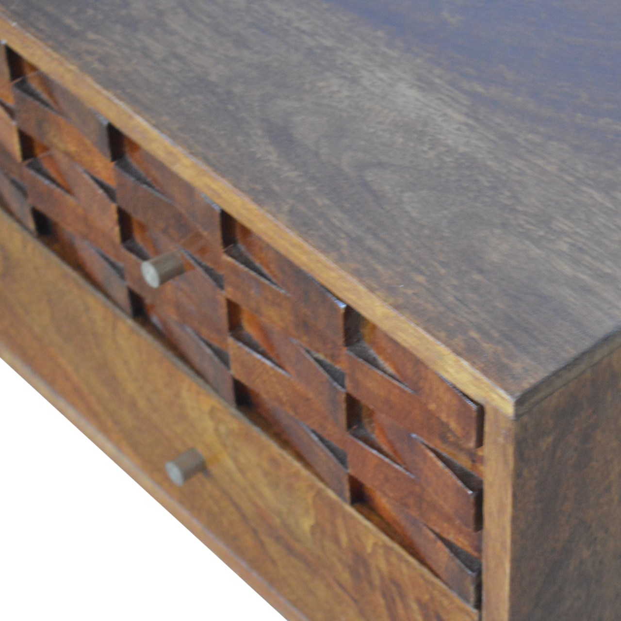 Solid Mango Wood Tile Chestnut Finished 2 Drawer 2 Slot Carved TV Unit - Image 5