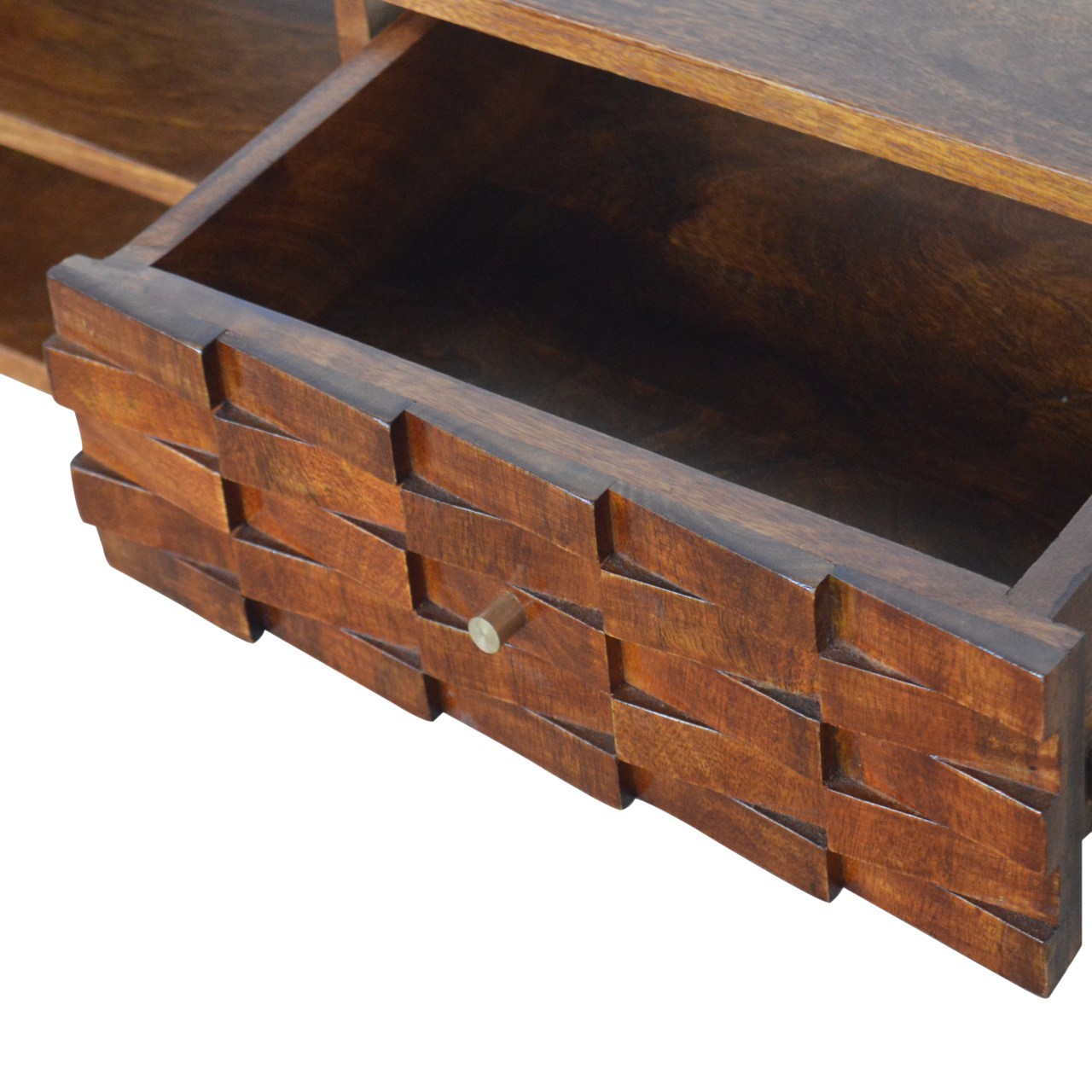 Solid Mango Wood Tile Chestnut Finished 2 Drawer 2 Slot Carved TV Unit - Image 7