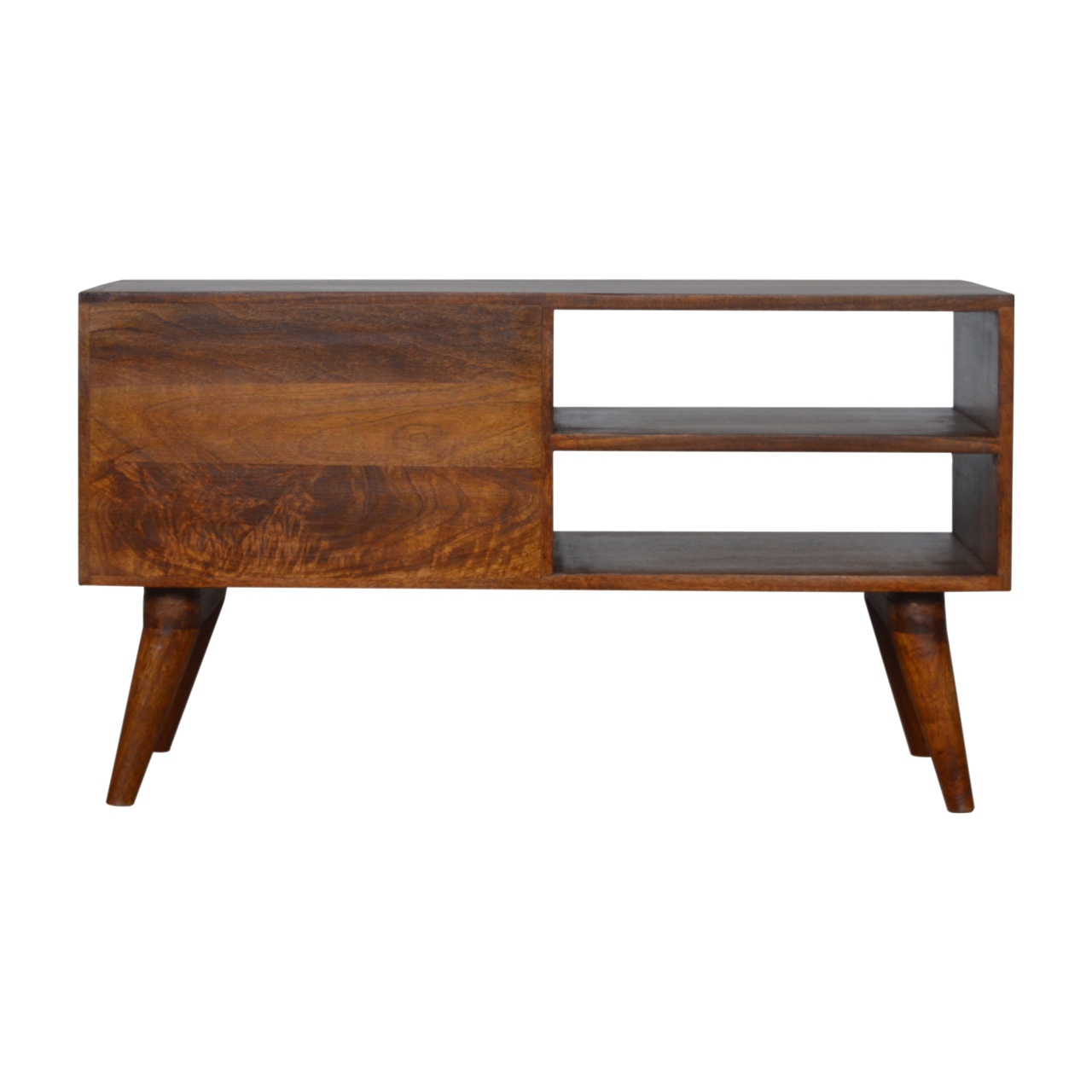 Solid Mango Wood Tile Chestnut Finished 2 Drawer 2 Slot Carved TV Unit - Image 9
