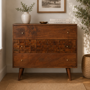 Solid Mango Wood Chestnut Finished 3 Drawer Tiled Chest of Drawers