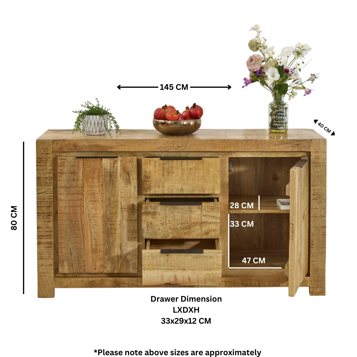 Surrey Solid Wood Large Sideboard 2 Door 3 Drawer - Image 6