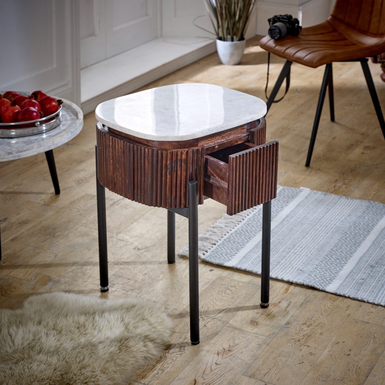 Opal Mango Wood Bedside Table With Marble Top & Metal Legs - Image 6