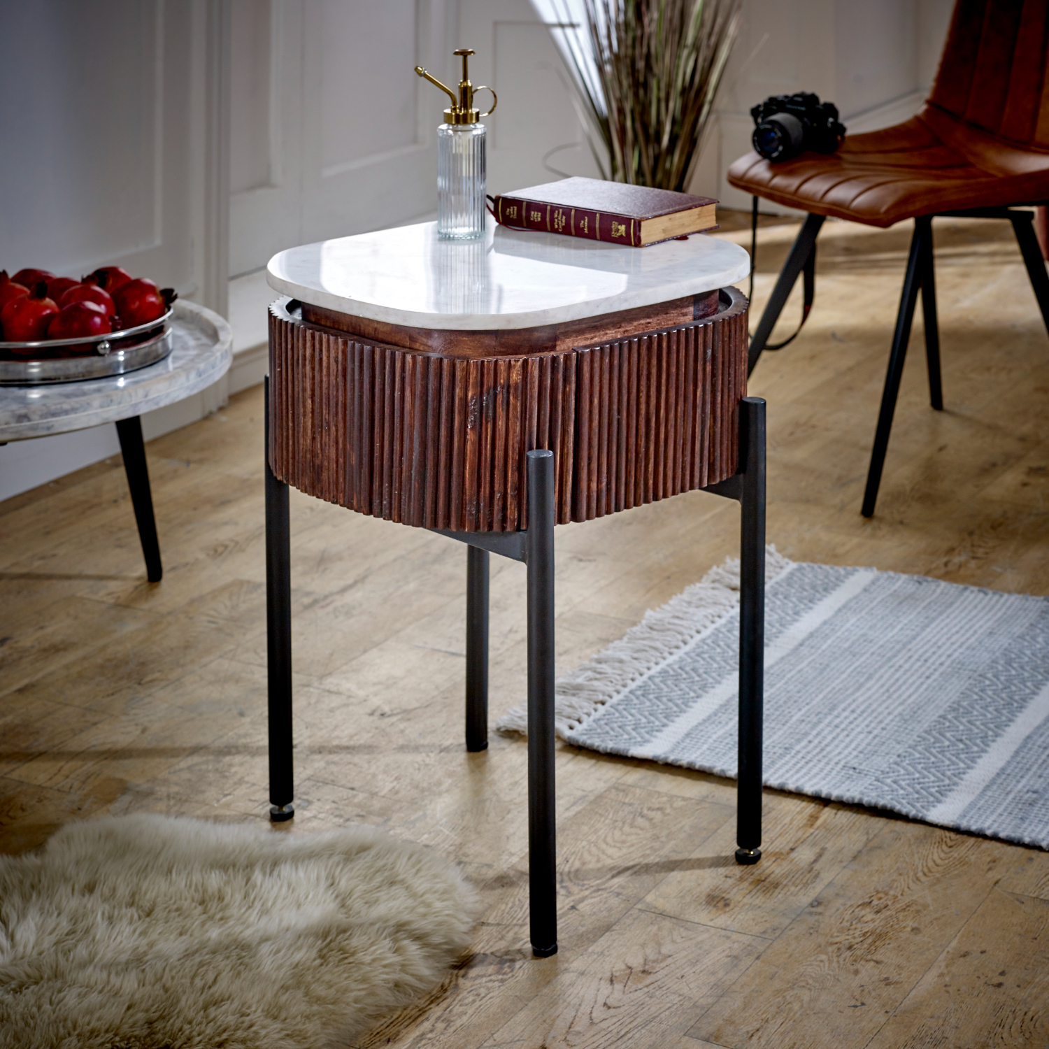 Opal Mango Wood Bedside Table With Marble Top & Metal Legs - Image 7