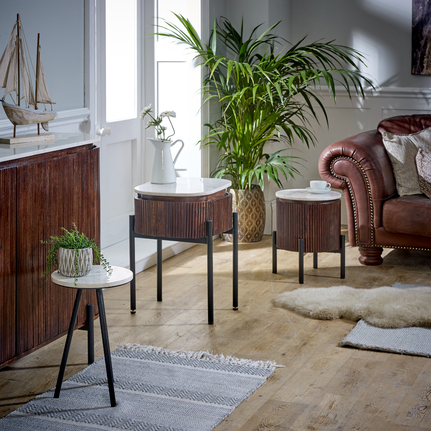 Opal Mango Wood Bedside Table With Marble Top & Metal Legs - Image 8