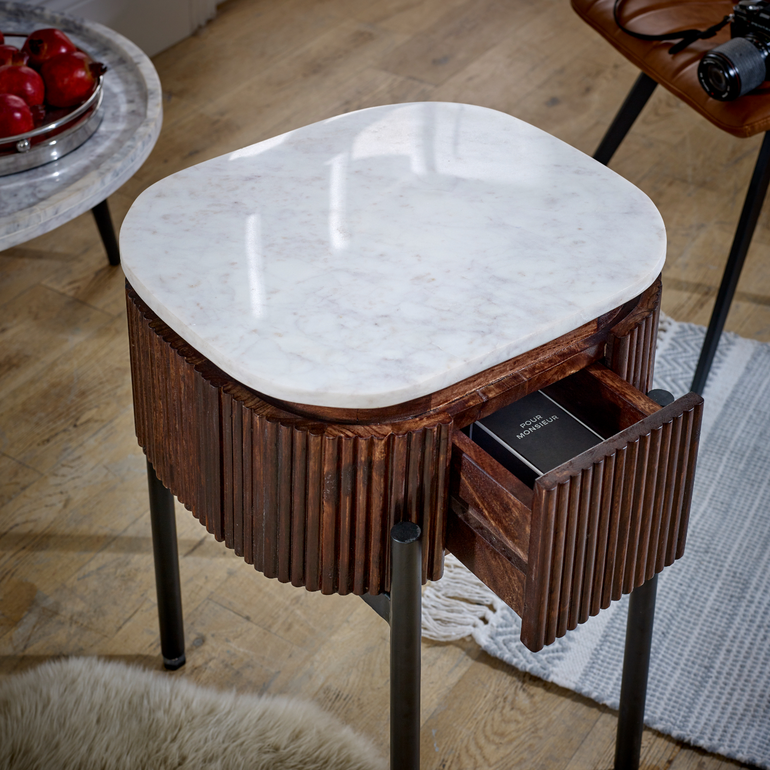 Opal Mango Wood Bedside Table With Marble Top & Metal Legs - Image 3