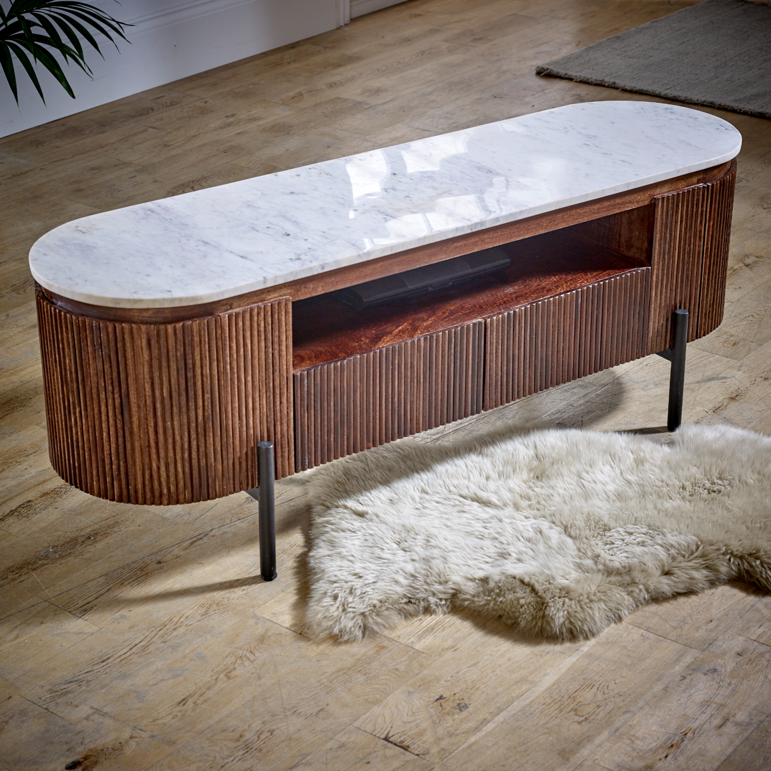 Opal Mango Wood Tv Cabinet With Marble Top & Metal Legs - Image 5