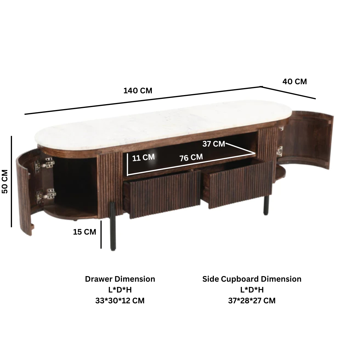 Opal Mango Wood Tv Cabinet With Marble Top & Metal Legs - Image 3