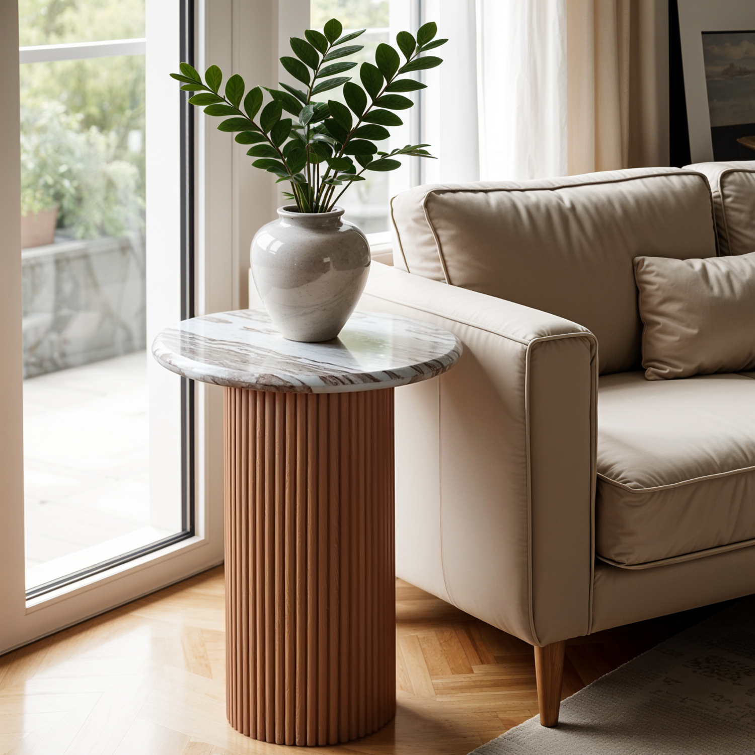 Ashford Natural Marble & Wood Pedestal Side Table - Image 4