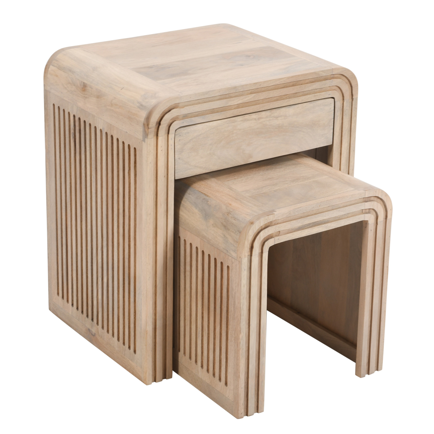 Hudson Carved Mango Wood Nest of 2 Tables with Drawer - Image 2