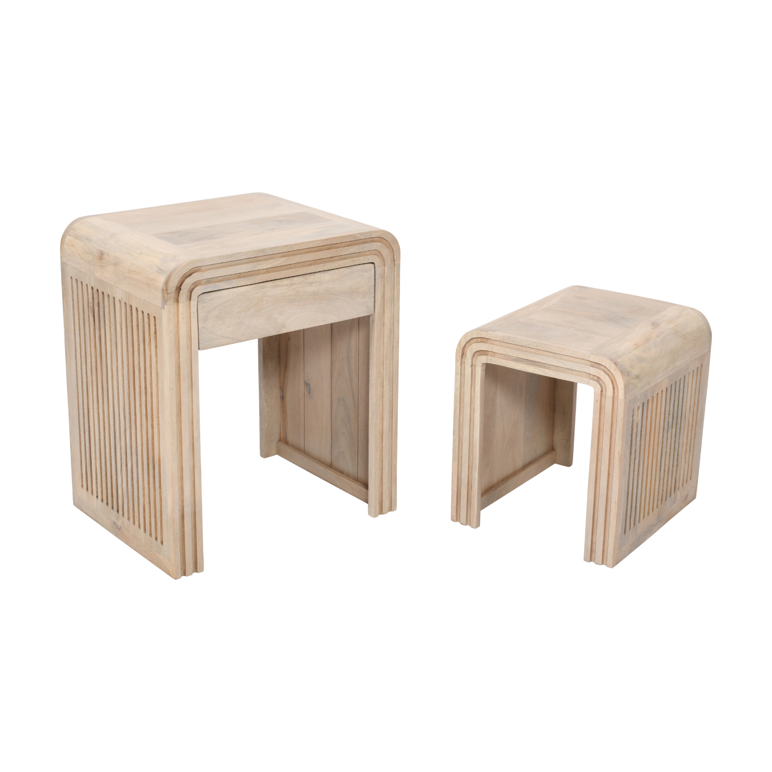 Hudson Carved Mango Wood Nest of 2 Tables with Drawer - Image 3