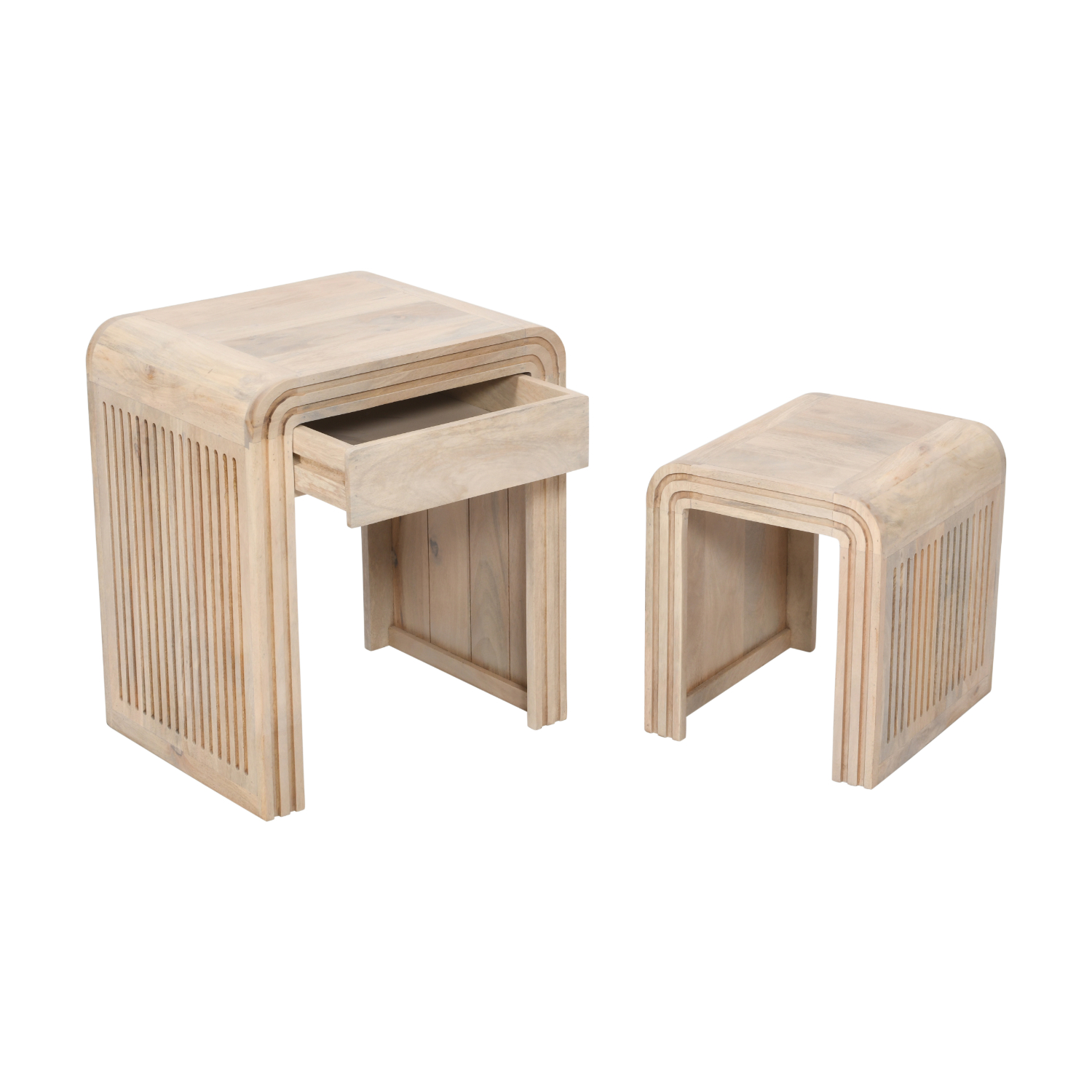 Hudson Carved Mango Wood Nest of 2 Tables with Drawer - Image 4