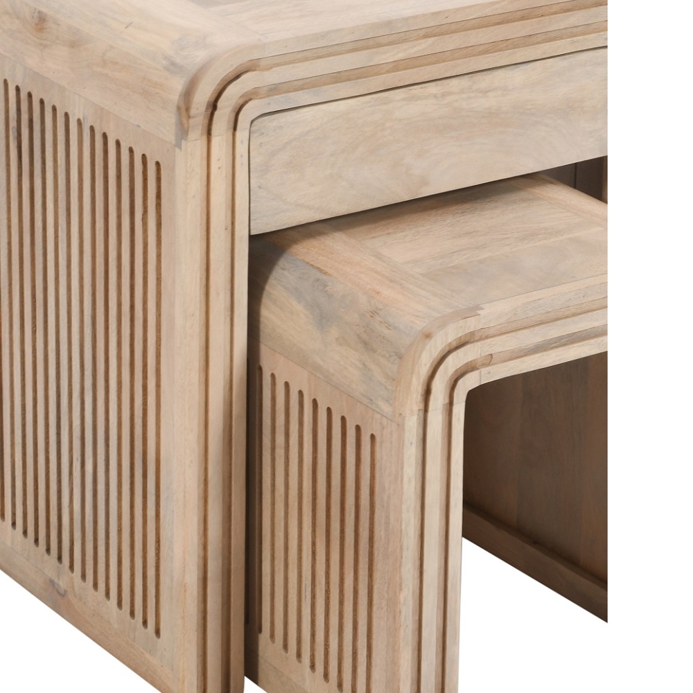 Hudson Carved Mango Wood Nest of 2 Tables with Drawer - Image 5