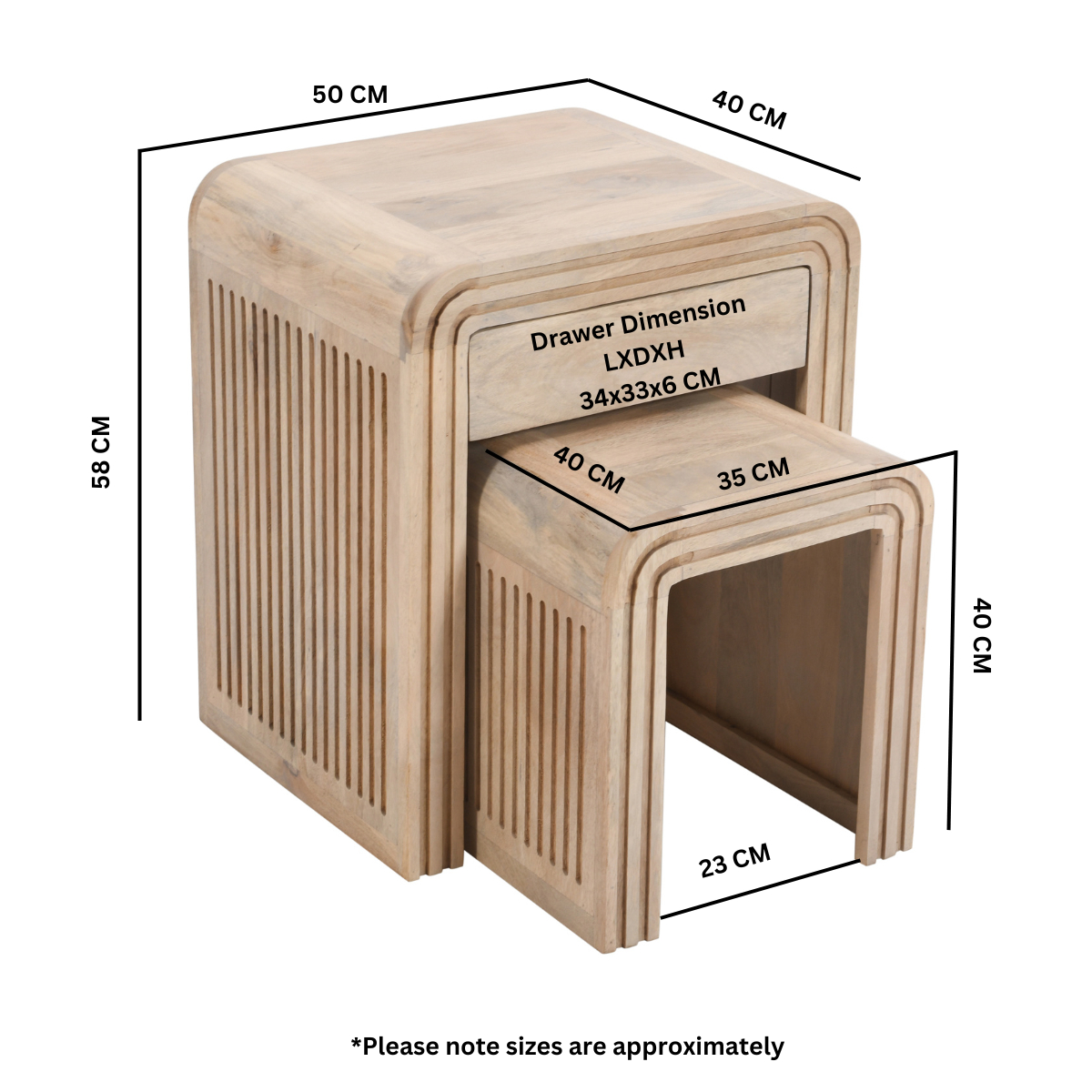 Hudson Carved Mango Wood Nest of 2 Tables with Drawer - Image 6
