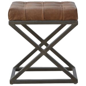 Solid Mango Wood Iron Based Leather Upholstered Industrial Cross Metal Stool