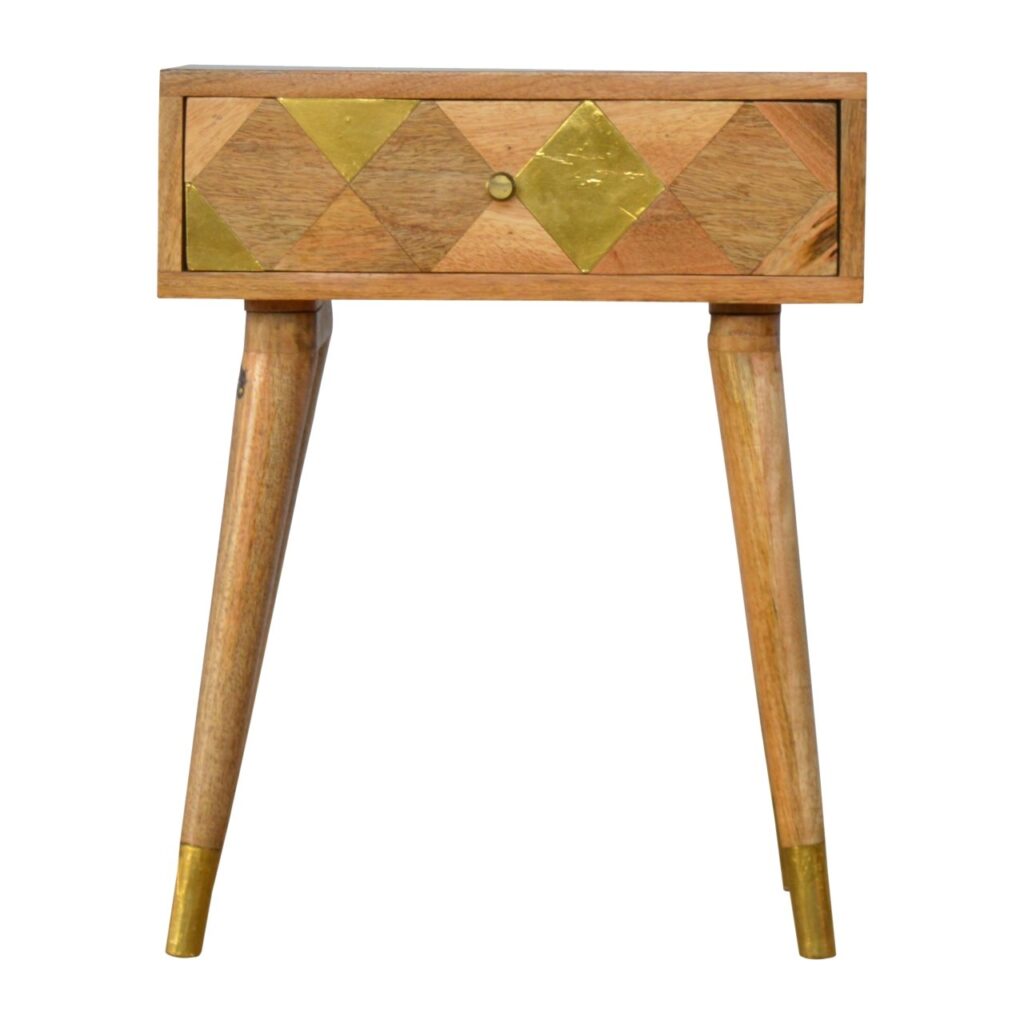 Solid Mango Wood Oak Finished 1 Drawer Bedside with Brass Inlay