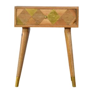 Solid Mango Wood Oak Finished 1 Drawer Bedside with Brass Inlay