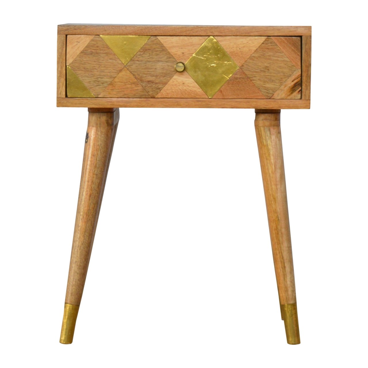 Solid Mango Wood Oak Finished 1 Drawer Bedside with Brass Inlay
