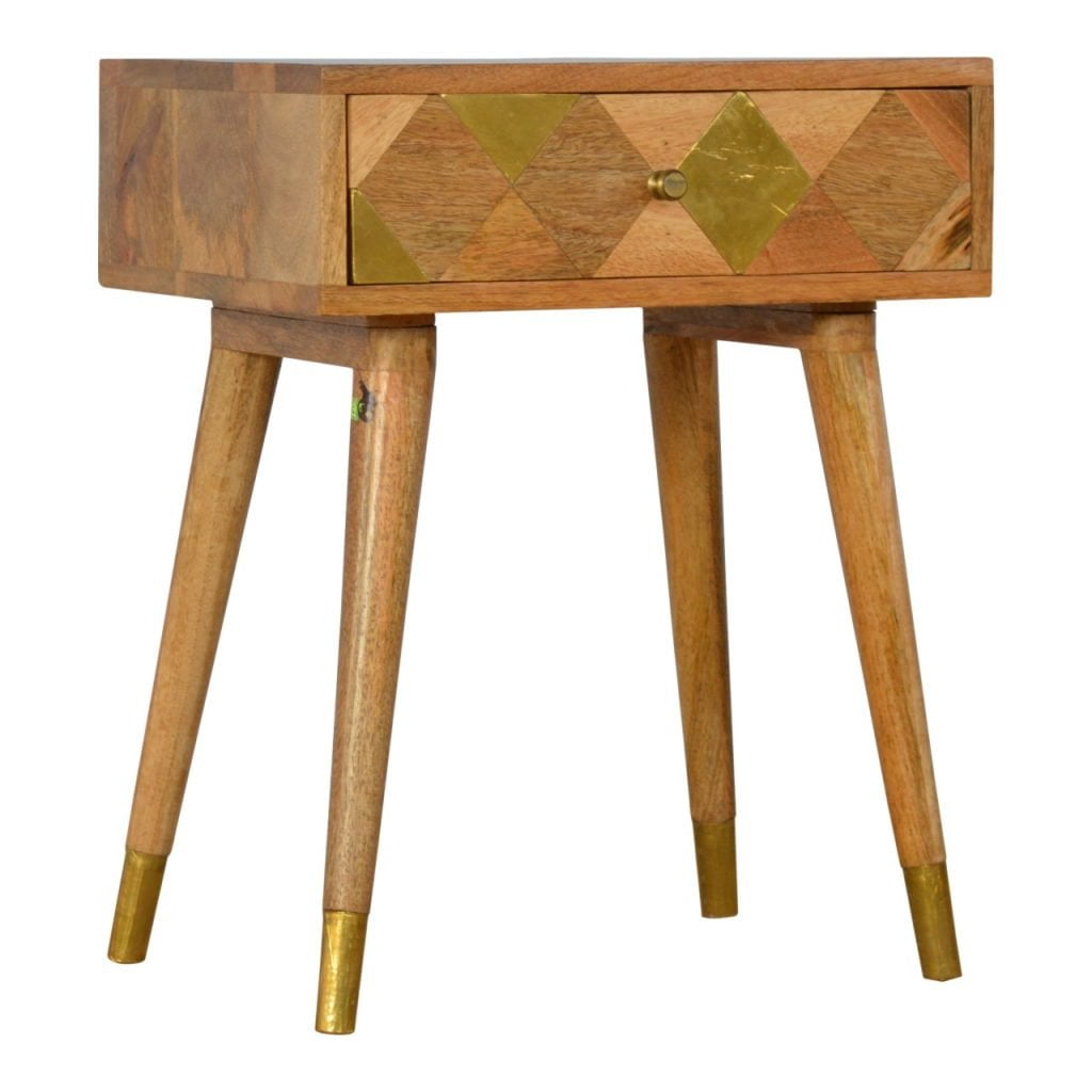 Solid Mango Wood Oak Finished 1 Drawer Bedside with Brass Inlay - Image 3