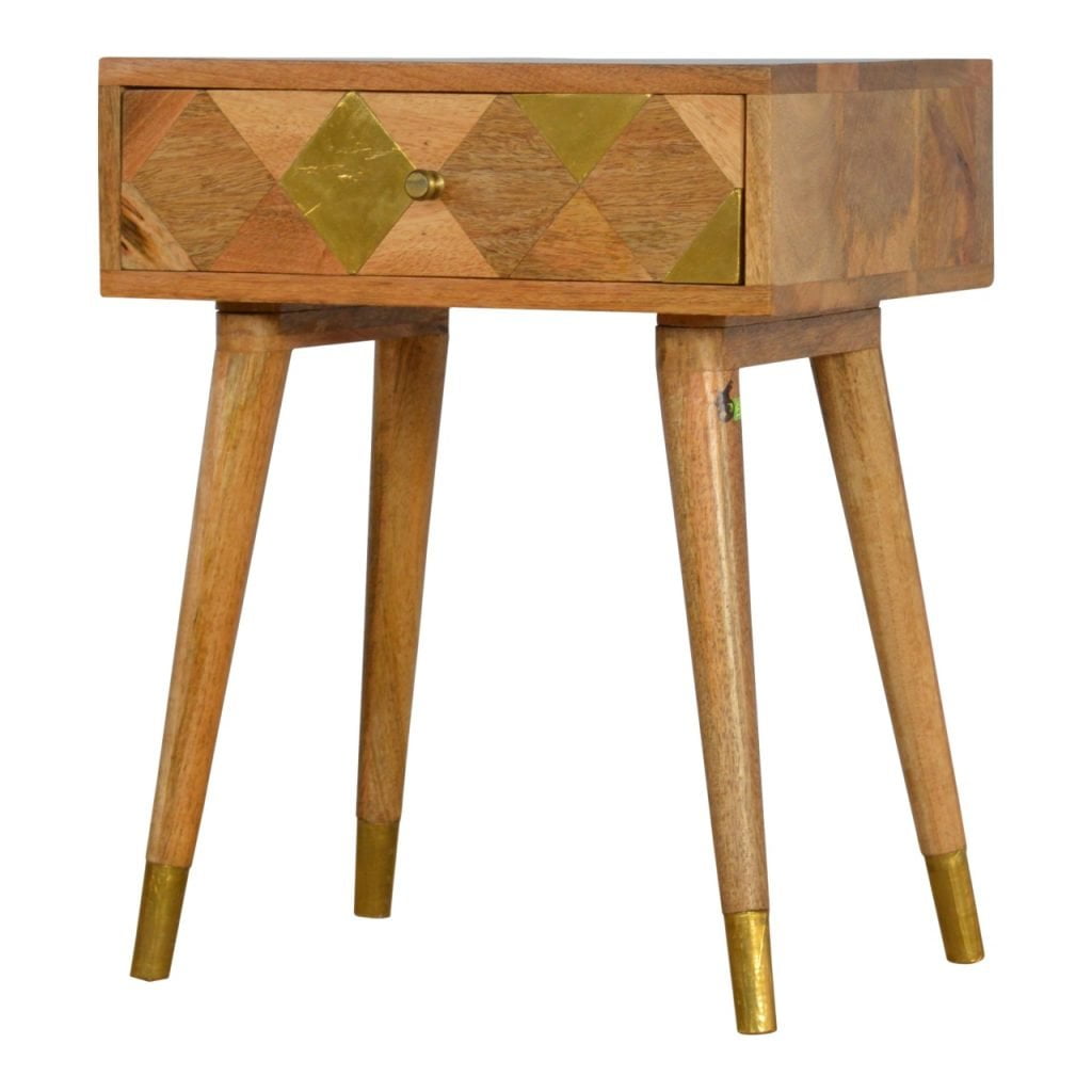 Solid Mango Wood Oak Finished 1 Drawer Bedside with Brass Inlay - Image 2