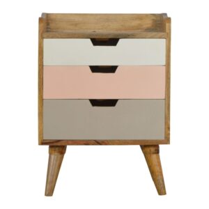 Solid Mango Wood Oak Finished 3 Drawer Pink White & Grey Hand Painted Bedside