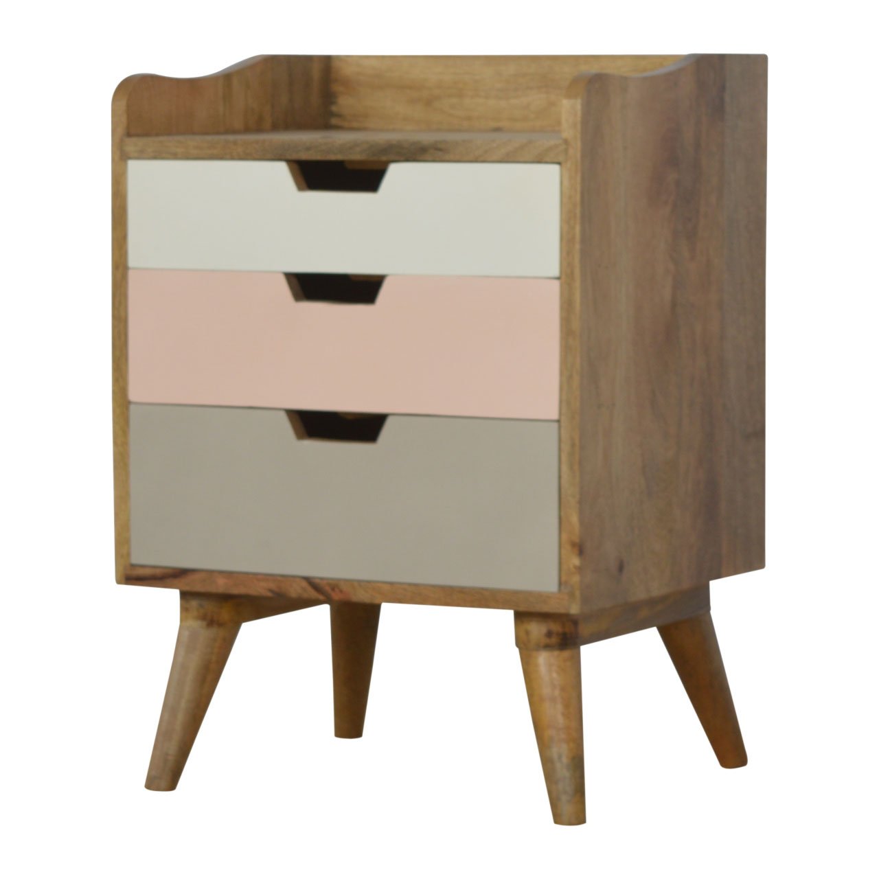 Solid Mango Wood Oak Finished 3 Drawer Pink White & Grey Hand Painted Bedside - Image 2