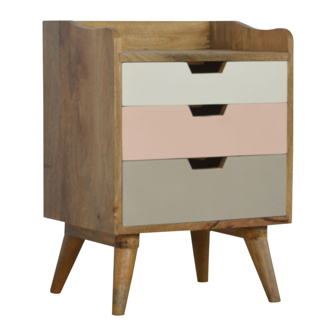 Solid Mango Wood Oak Finished 3 Drawer Pink White & Grey Hand Painted Bedside - Image 3